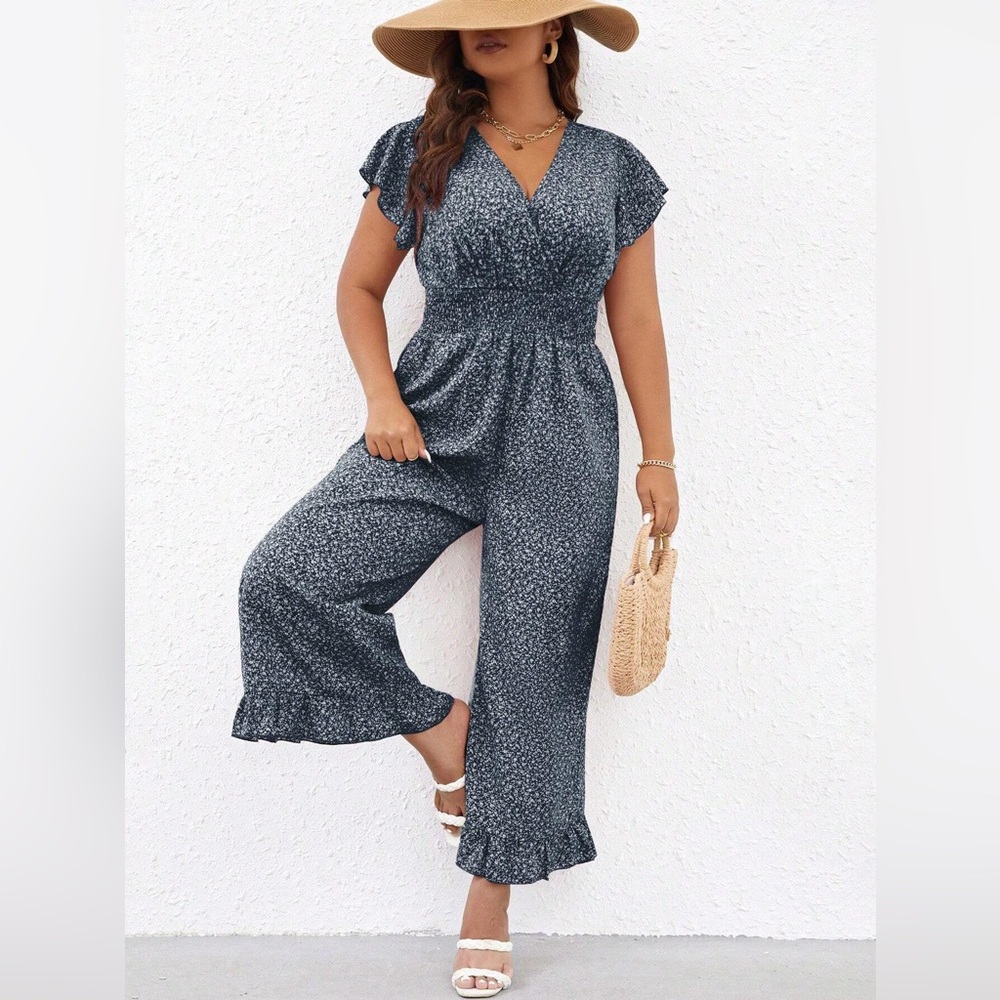 SHEIN VCAY Plus Allover Print Ruffle Hem Jumpsuit.
